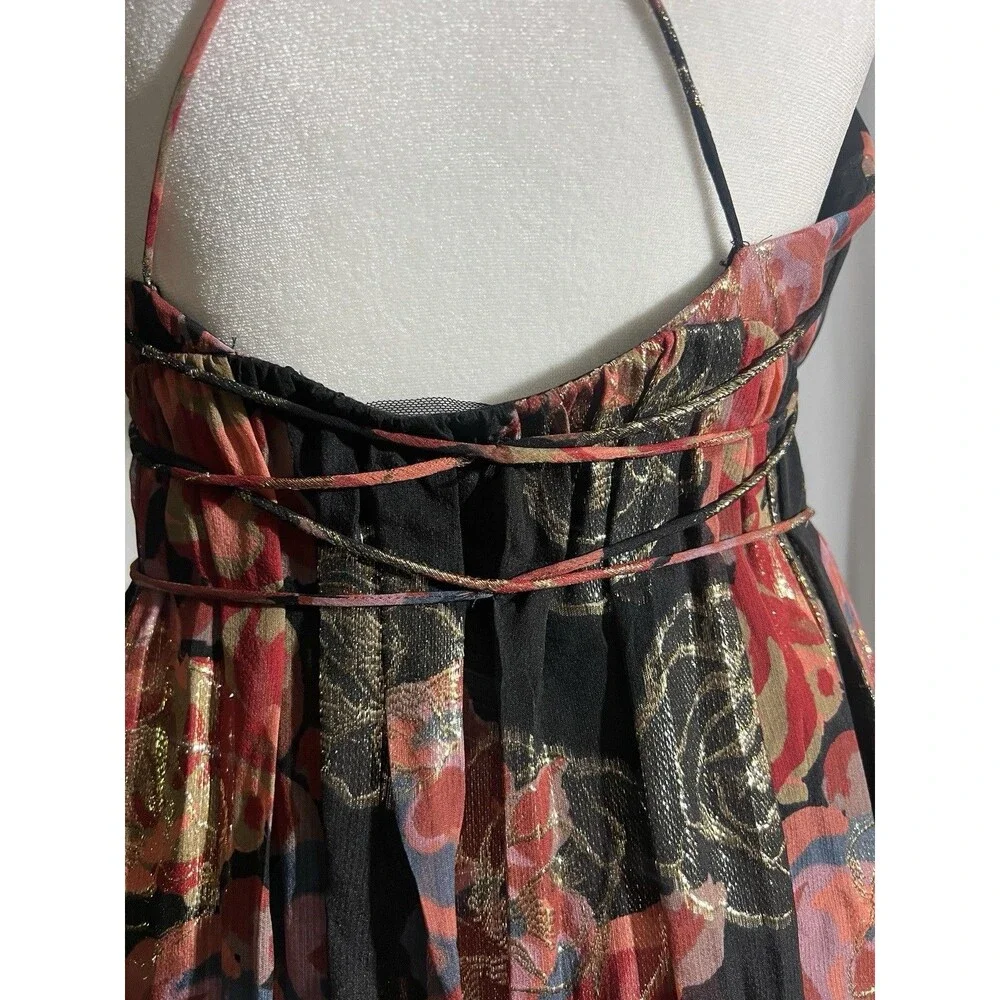 Free People Dress Woman's S Shadows Maxi Black Gold Floral Print Cocktail Zip